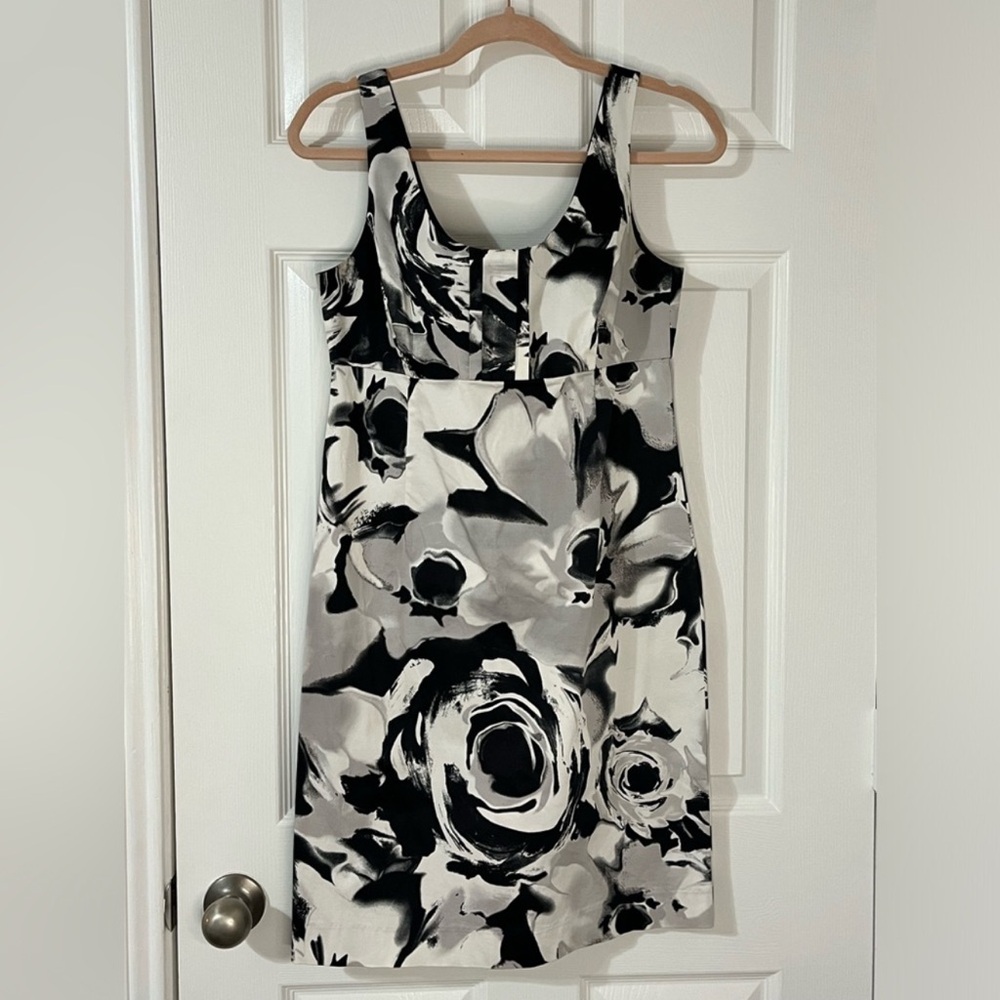 Black, grey, and white watercolor floral dress